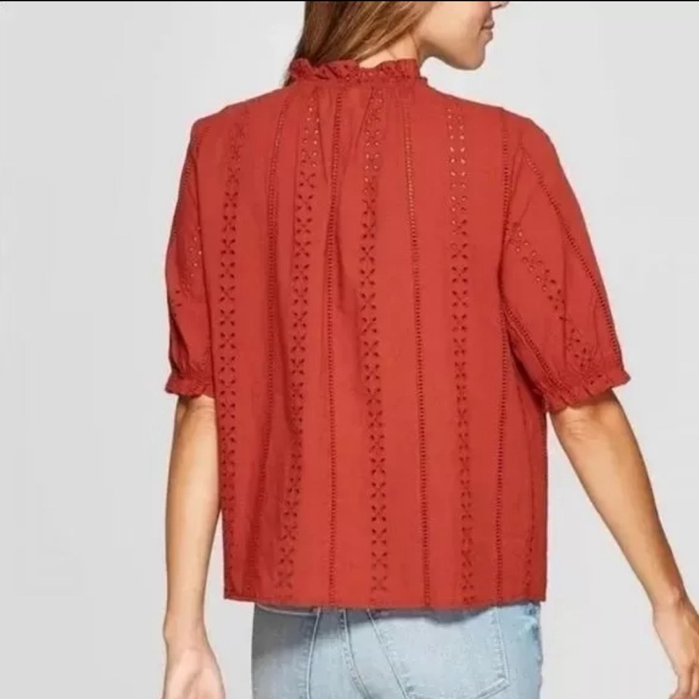 Universal Thread Eyelet Lace Ruffle Short Sleeve Blouse Burnt Orange - Picture 6 of 15